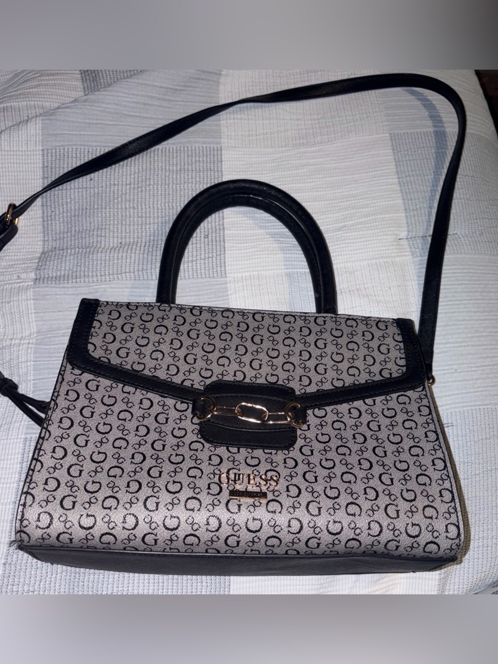 GUESS Gray & Black Logo Satchel with Gold Hardware